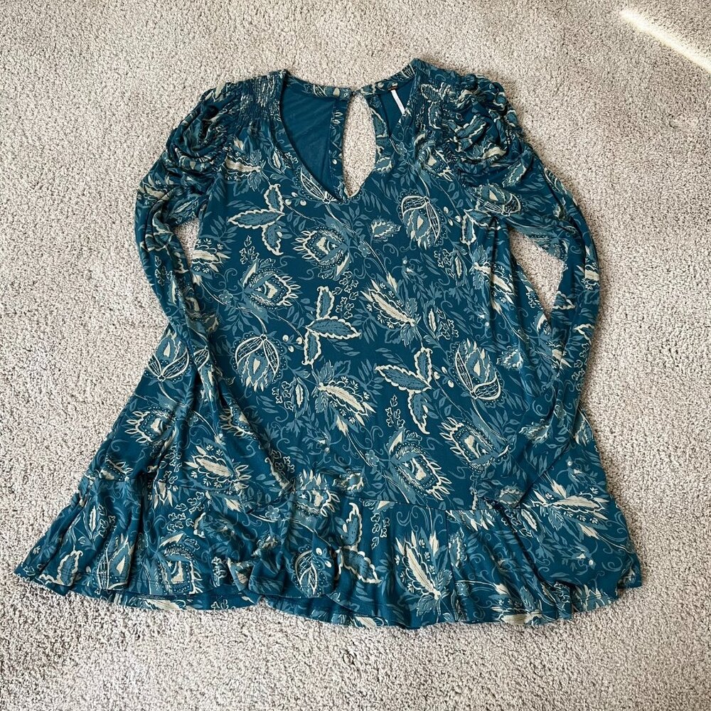 Free People Hello Lover Teal Tunic Dress Ruched Sleeves Women's Size S